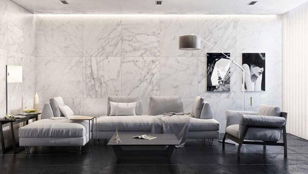 phối màu gạch ốp tường phòng khách màu trắng với nền đen
